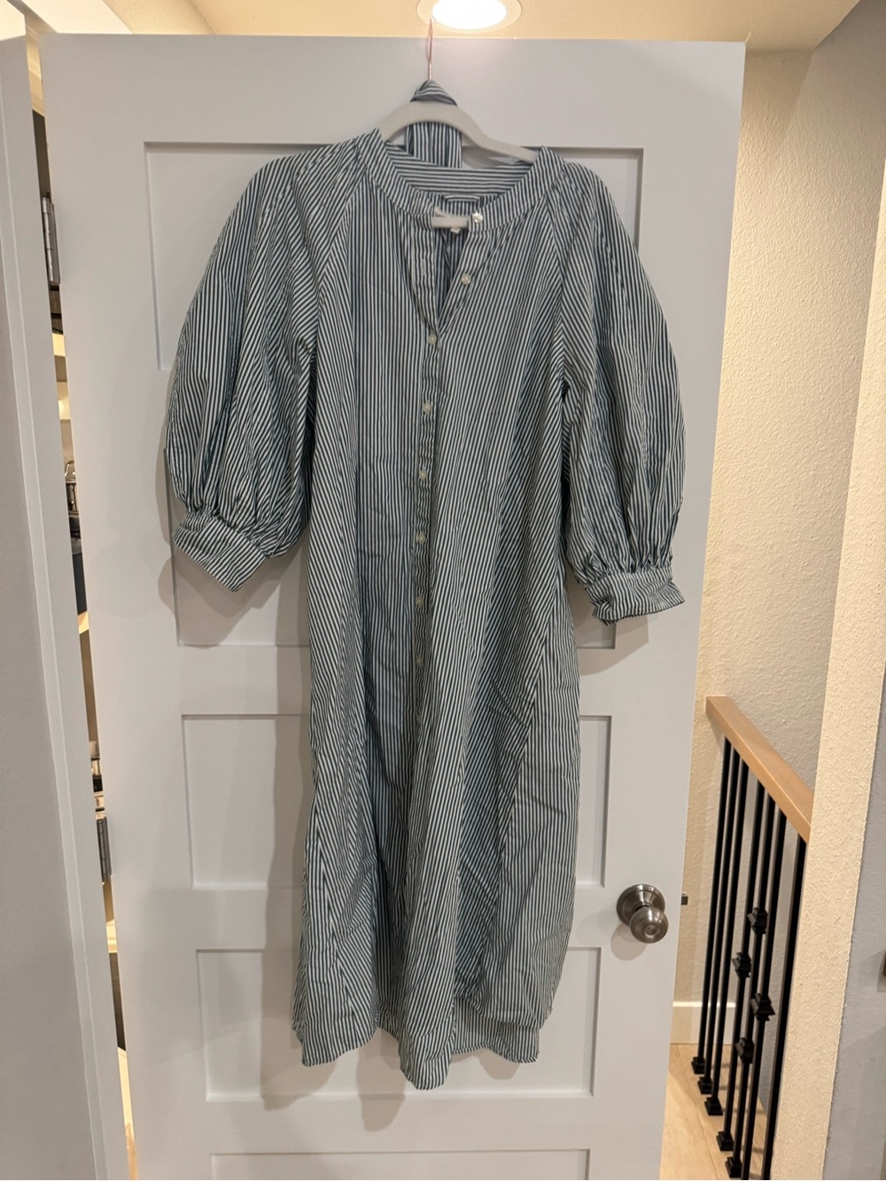 THE GREAT. Blue and White Striped Puff-Sleeve Button Midi Dress Size 2